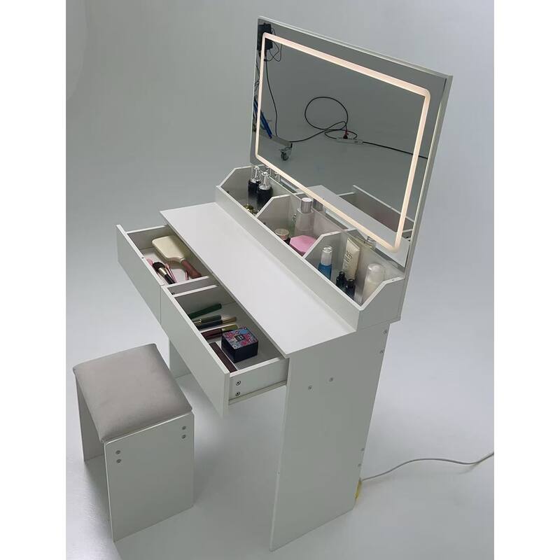 31" x 20" Extra Large LED Mirror Makeup Vanity Table with Stool, Touch Control, Adjustable Brightness & Storage
