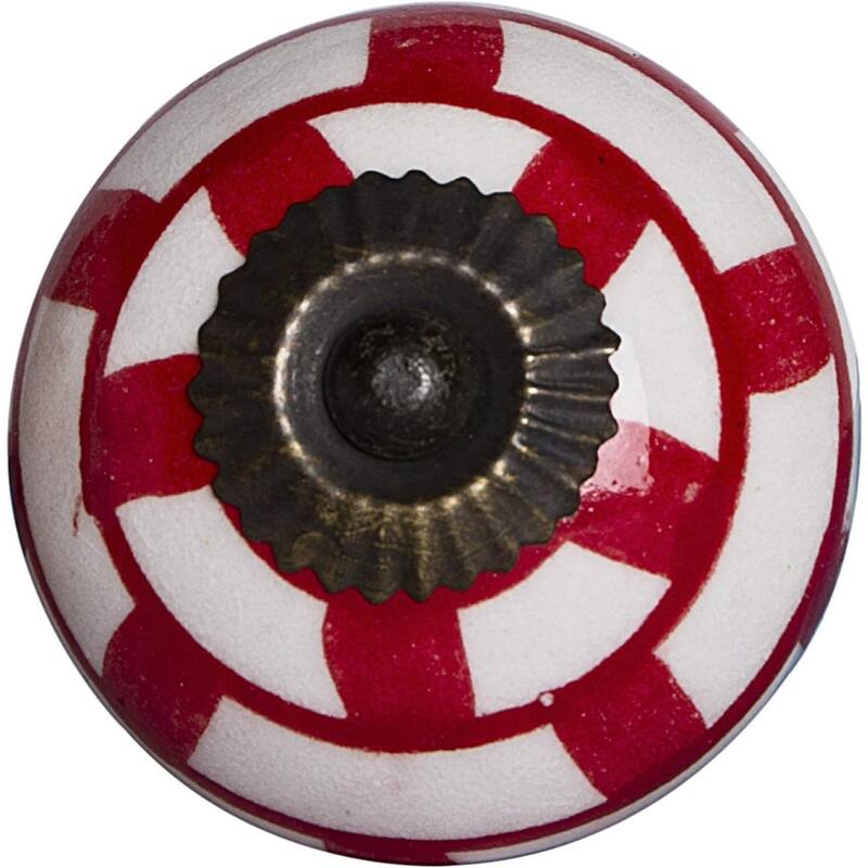 Set of 12 Round Red White Geometric Ceramic Cabinet Drawer Pulls Knobs with Copper Finish - 1.5” x 1.5” x 1.5”