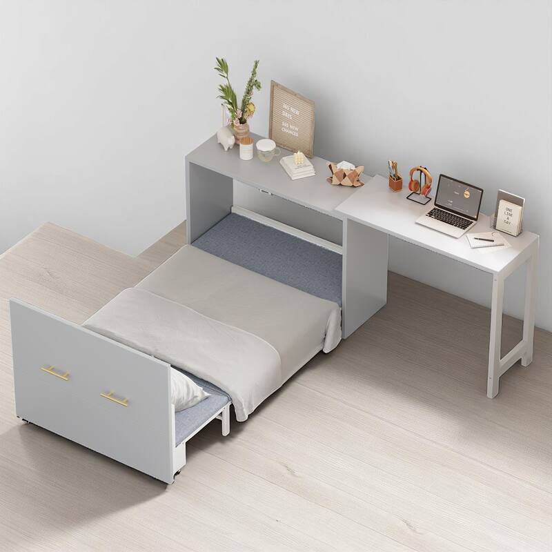 Convertible Twin Murphy Chest Bed with Adjustable L-Shaped Desk and Built-in Cushion for Small Rooms