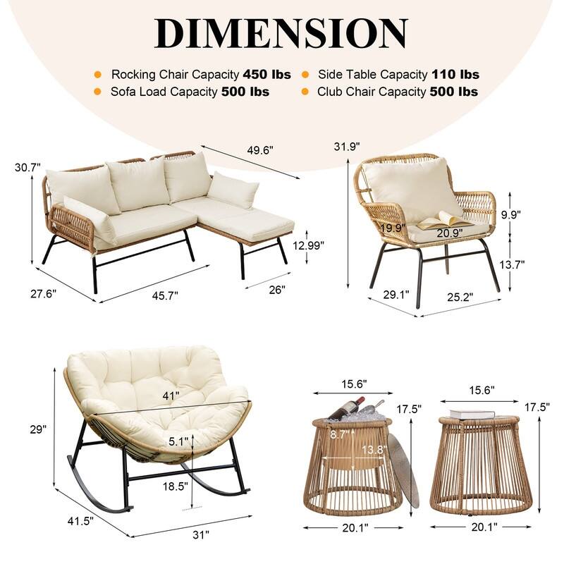 7-Piece Outdoor Boho Patio Furniture Set with Papasan Rocking Chair, Wicker Sectional Conversation Set with Ice Bucket Table