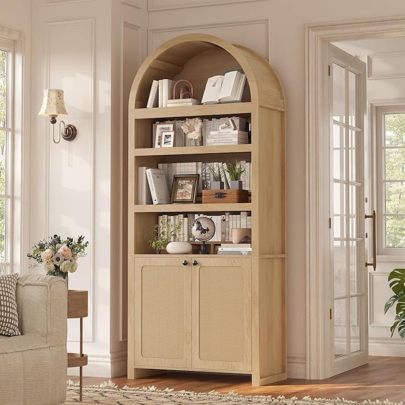 Tall Arched Cabinet Bookcase with storage Bookshelf 2 Door - Oak - 81" 
