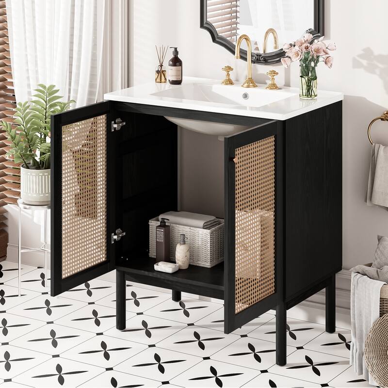 30" Eco-Friendly Bathroom Vanity – Handwoven Rattan Doors with Silent Soft-Close Hinges, Blending Natural Craftsmanship