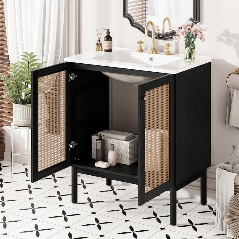 Boho Rattan Black Bathroom Vanity, Rectangular Ceramic Sink Bathroom Cabinet, 30" - 30 Inch