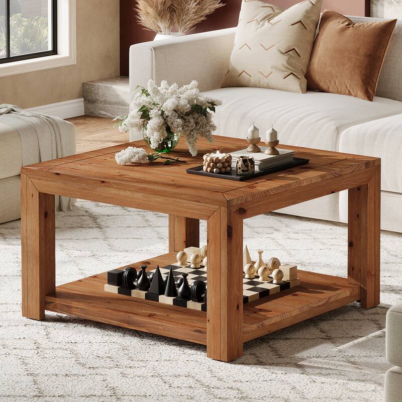 31.5-inch Coffee Table with Storage, Square Solid Wood Center Table