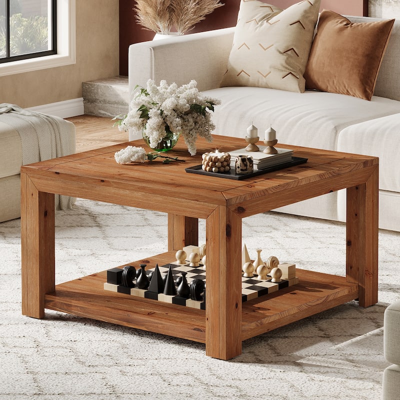 Square Solid Wood Coffee Table, Open Storage Shelf Living Room Center Cocktail Accent Table - Brown