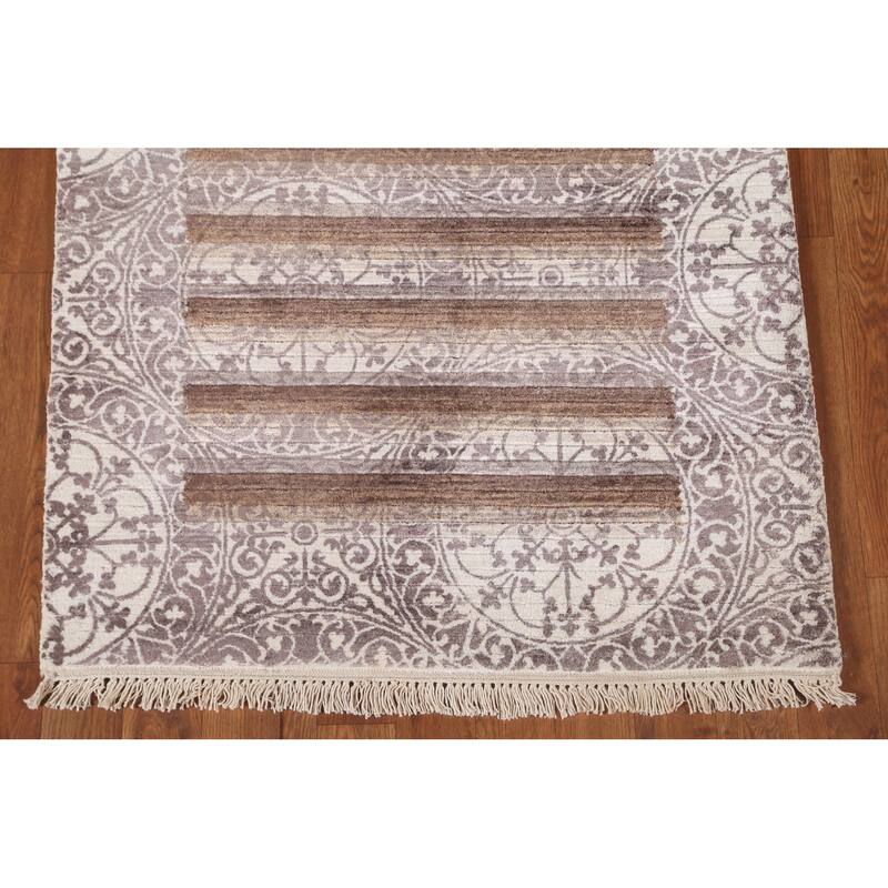 Striped Abstract Accent Rug Handmade Oriental Grey Wool Carpet - 2'10"x 4'6"