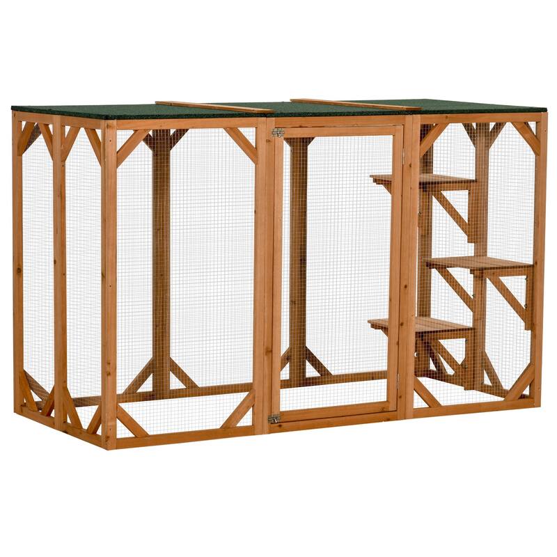 PawHut Outdoor Cat House, Catio Wooden Feral Cat Shelter, Large Enter Door, Weather Protection Asphalt Roof - Orange - Orange