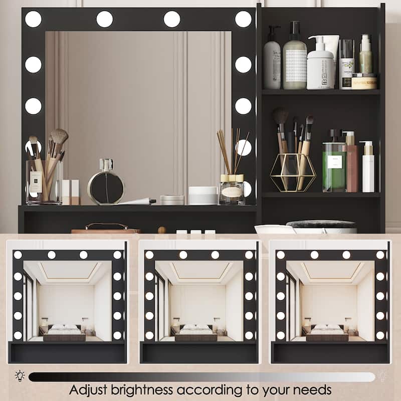Makeup Vanity Table with Adjustable Lighting, Oversized Drawer, 3 Shelves and Cabinet Storage