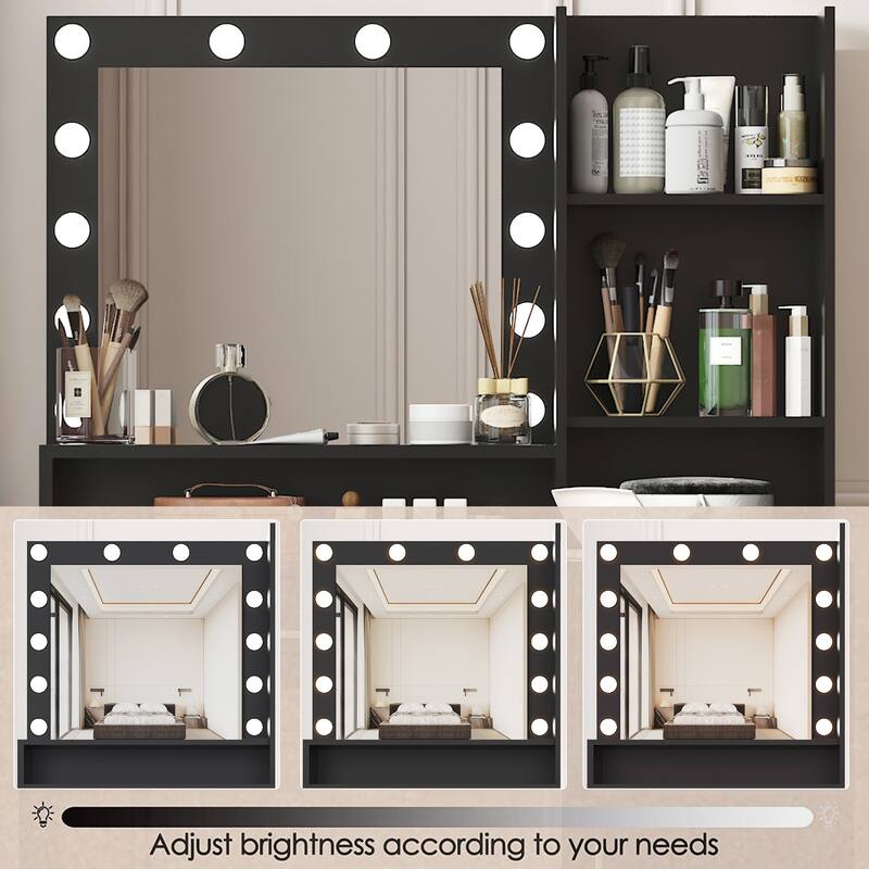 Vanity Desk with Mirror & Light, Large Drawer Three Level Storage Dresser, 3 Lighting Modes Adjustable Brightness