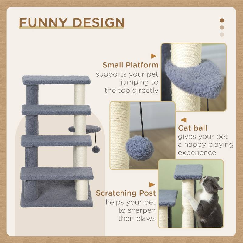 4 Levels Cat Steps, Pet Stairs Carpeted Ladder, Kitten Tree Climber with Scratching Posts, Hanging Play Ball, Side Step - Gray