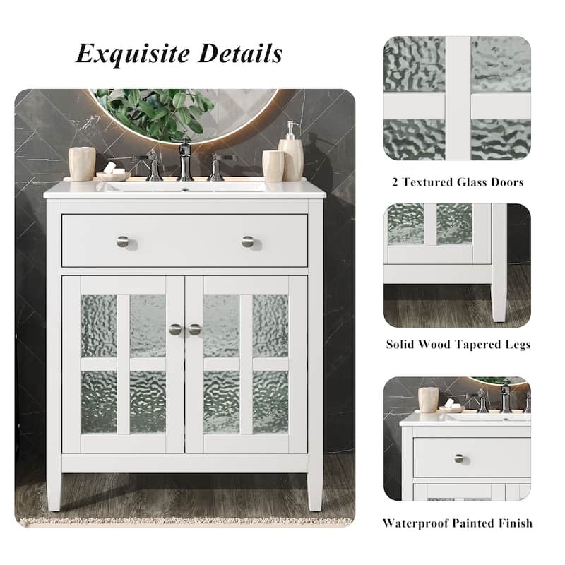 30" Modern Bathroom Vanity Set with Ceramic Sink - Adjustable Shelf & Tip-Out Tray, Soft-Close Hinges, Silver Knobs