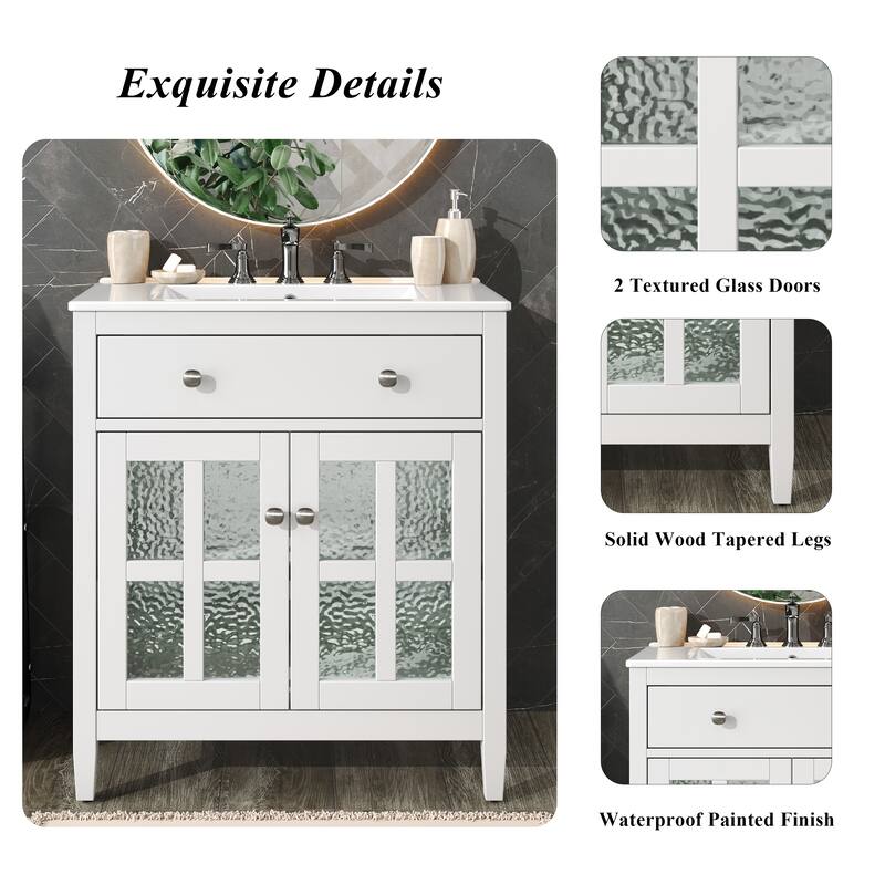 30" Storage Cabinet with Glass Doors, Bathroom Vanity with Ceramic Sink, Adjustable Shelf, Tip-Out Tray and Silver Metal Knobs