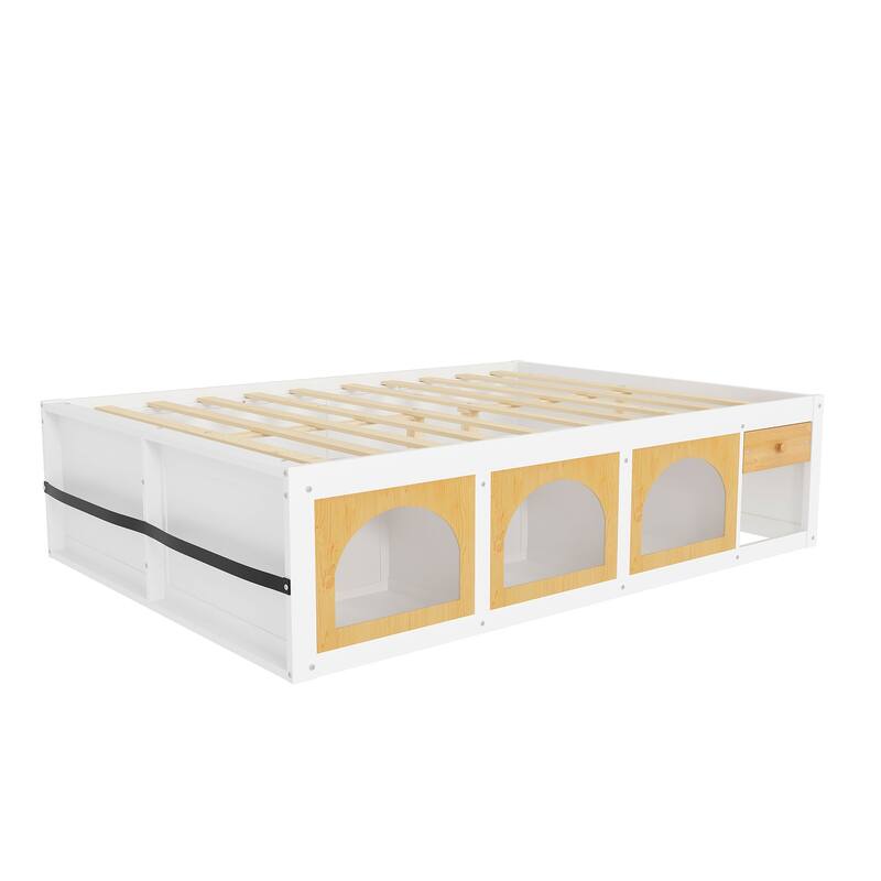 Wooden Platform Bed with Footboard Bookshelf, LED Display Cabinet and Drawer Storage by Harper&Bright Designs