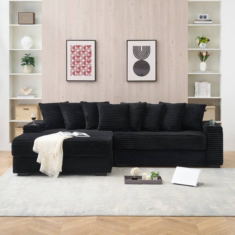 Oversized Two-Piece Couches, L Shaped Sofa, Corduroy, Right Chaise Daybed,with Armrests,Eight Throw Pillows,Corner Sofa - Black-with cup holder - Reversible