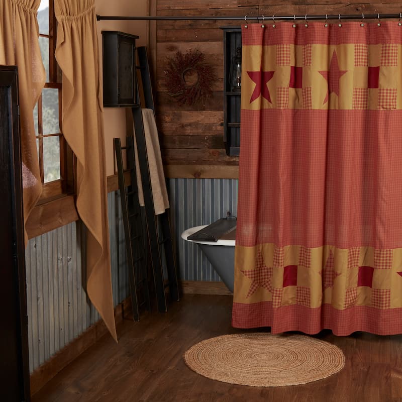 Ninepatch Star Shower Curtain with Patchwork Borders 72x72 - Shower Curtain 72x72 - Burgundy/Dark Tan