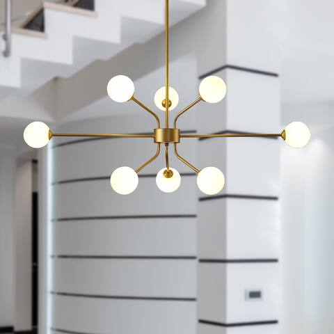 8 Lights Gold Sputnik Chandelier Mid Century Modern Chandeliers with White Globe Glass Shade