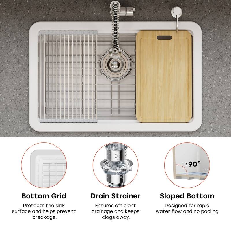 HOROW 30 in. Drop-In White Ceramic Kitchen Sink with Standard and Bottom Grid, Drain Assembly, Cutting Board