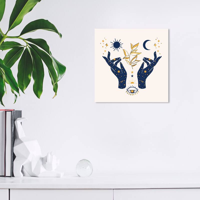 Wynwood Studio Canvas Floral and Botanical Fate Hands Gold and Dark Blue Modern & Contemporary Wall Art Canvas Print - 12 x 12