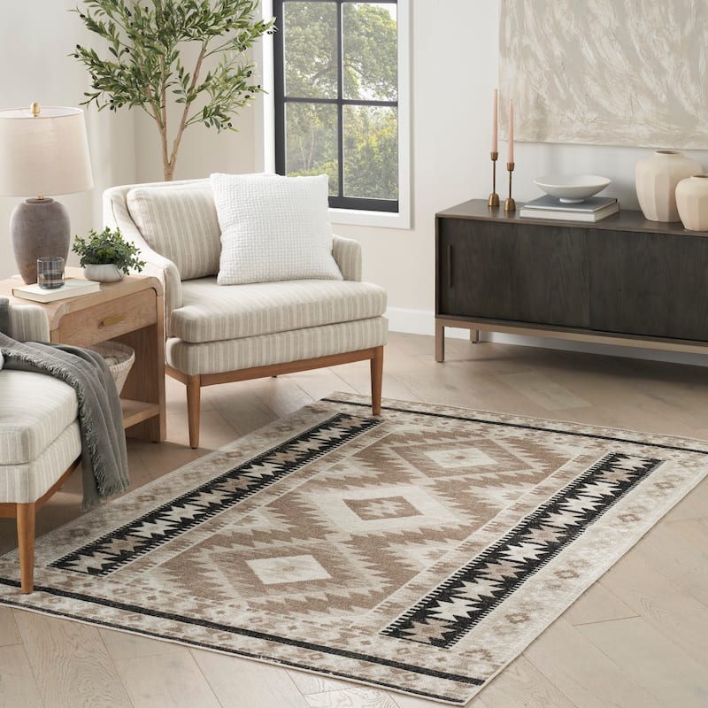 Nourison Washable Beauty Machine Washable Indoor only Beige Geometric Area Rug - 5' 3" x 7' - Beige/Black - Rectangle