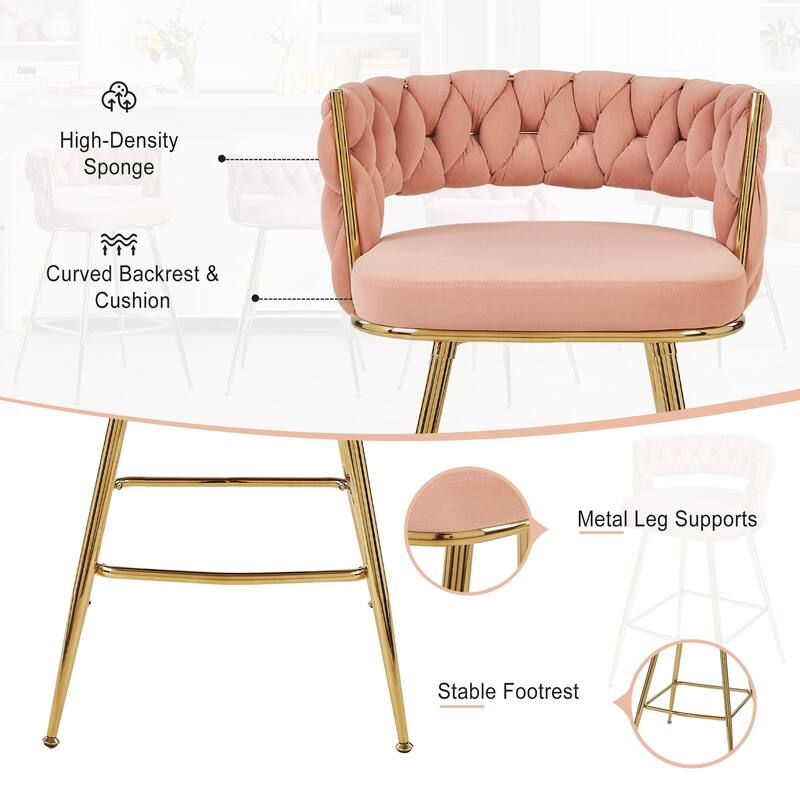 VECELO Counter Height Bar Stools with Woven Backrest 26.77" Seat Height Mid-Century Modern Upholstered Bar Chairs for Kitchen