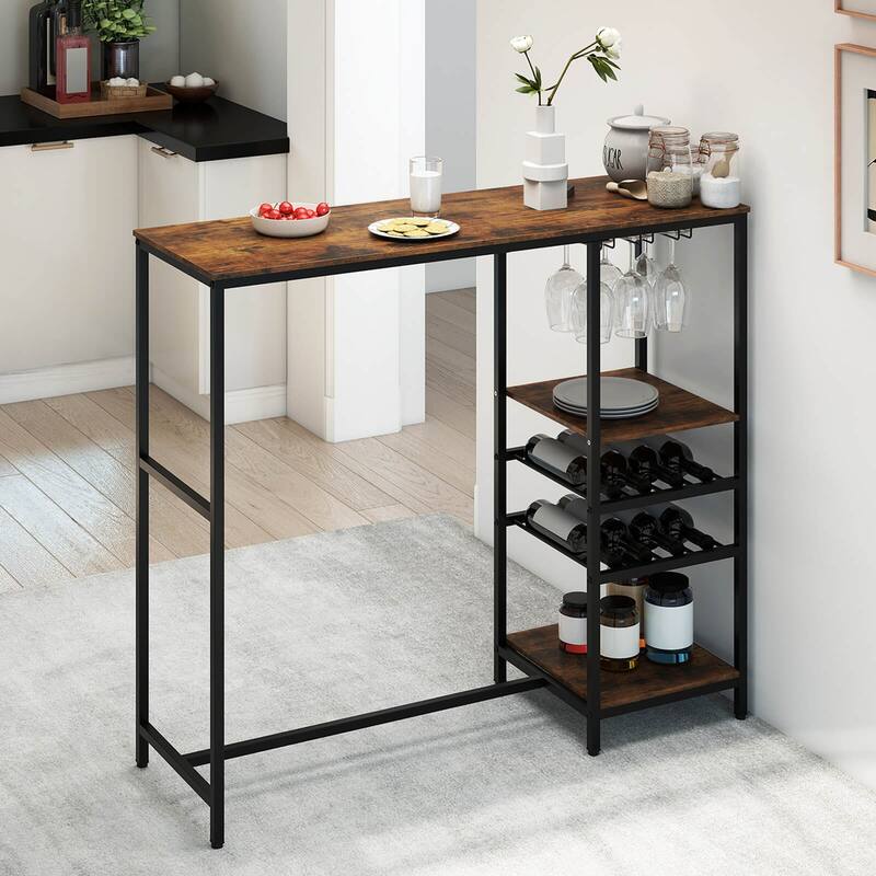 Costway 48" Long Bar Table with Storage Shelves Wine Racks & Stemware - Rustic Brown + Black - See Details