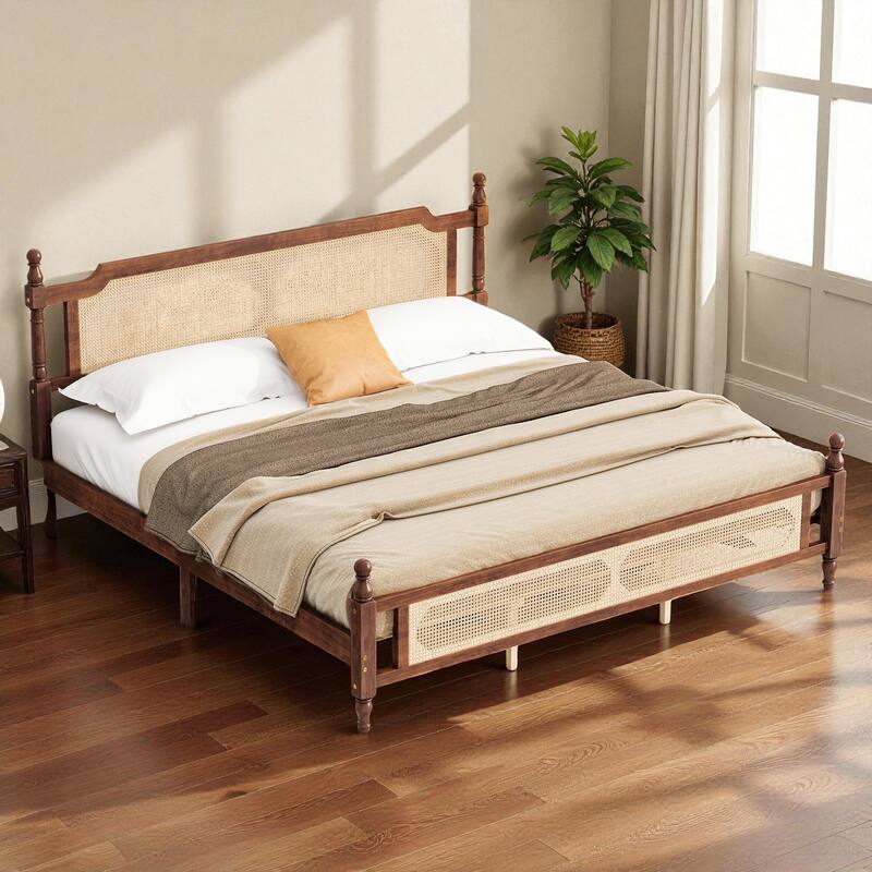 Queen/King Size Pine Wood Bed with Rattan Headboard and Footboard, Solid Frame with Central Support and Under-Bed Storage