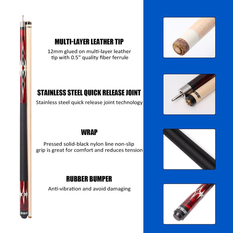 GSE™ Set of 4 Canadian Maple Hardwood Billiard Pool Cue Sticks. 58" 2-Piece Pool Cue Set for House or Commercial Use