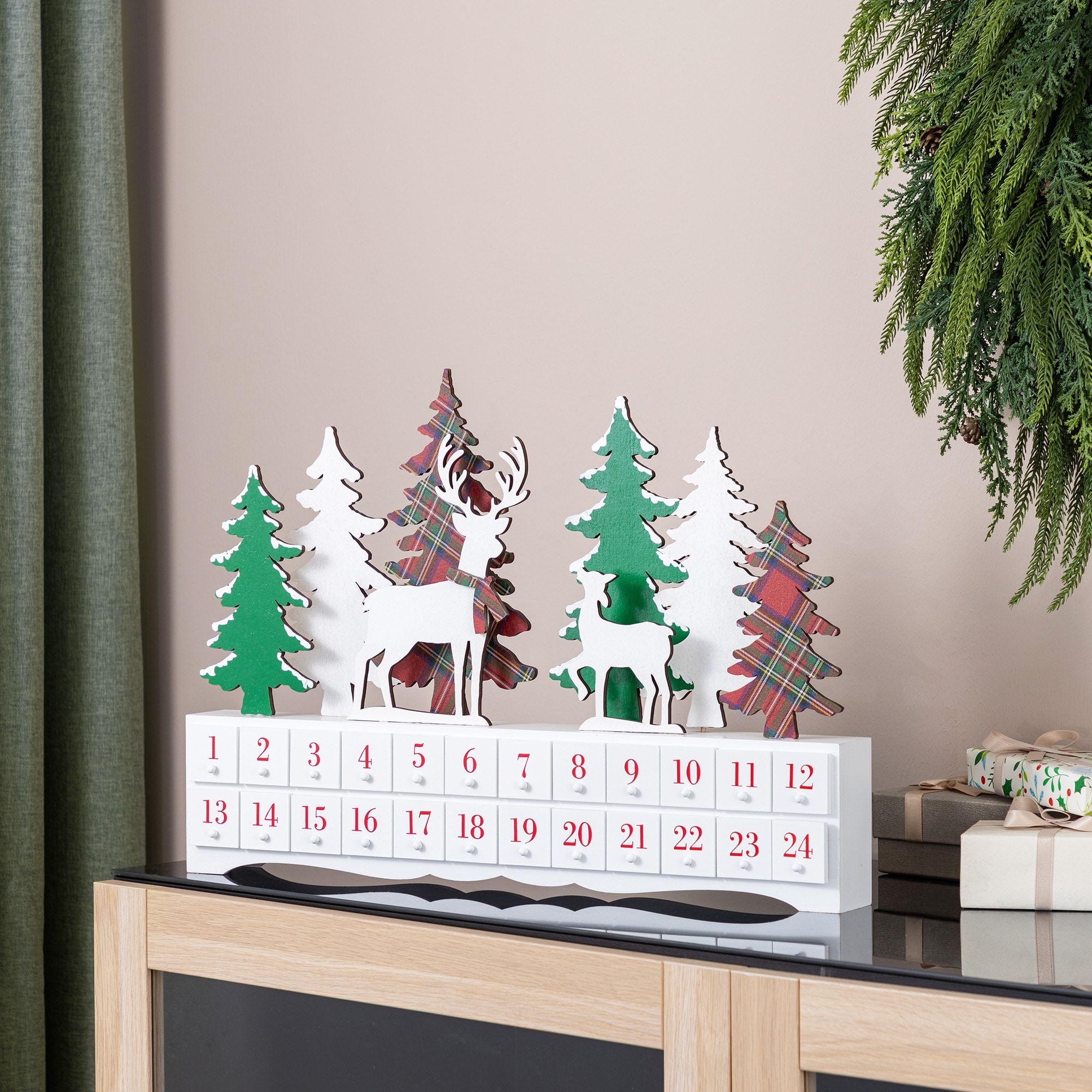 Glitzhome 19.5"L Wooden Christmas Tree & Reindeer Advent Calendar Decor