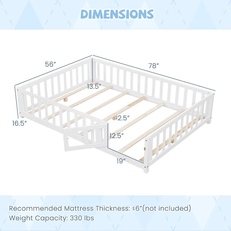 Montessori Floor Bed Frame with Full-length Guardrails Safety Door and Plywood Slats