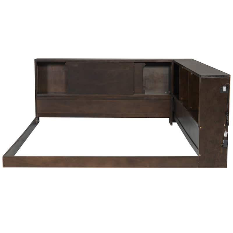 Queen L-Shape Storage Daybed with LED Shelf, Hidden Slide Cabinet & Built-In USB Power Hub by Harper&Bright Designs