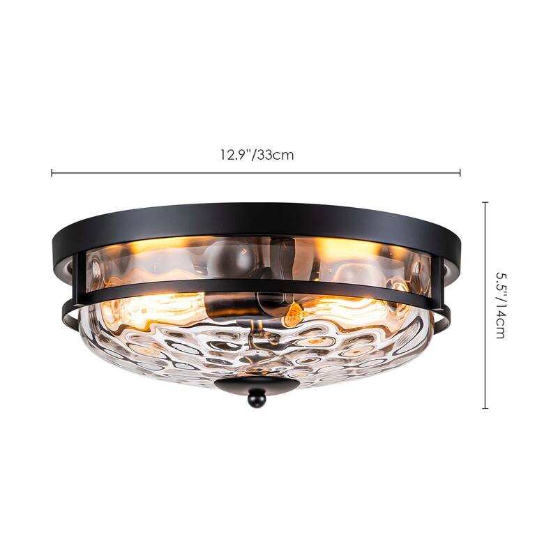 2-Light Mid-Century Modern Industrial Farmhouse Round Dome Glass Flush Mount Light - 12.9 in. W x 5.5 in. H
