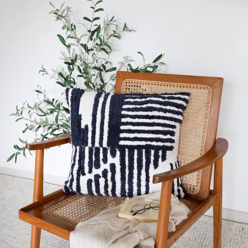 Handwoven Abstract Striped Shag Throw Pillow Cover - 22" - White and Navy Blue