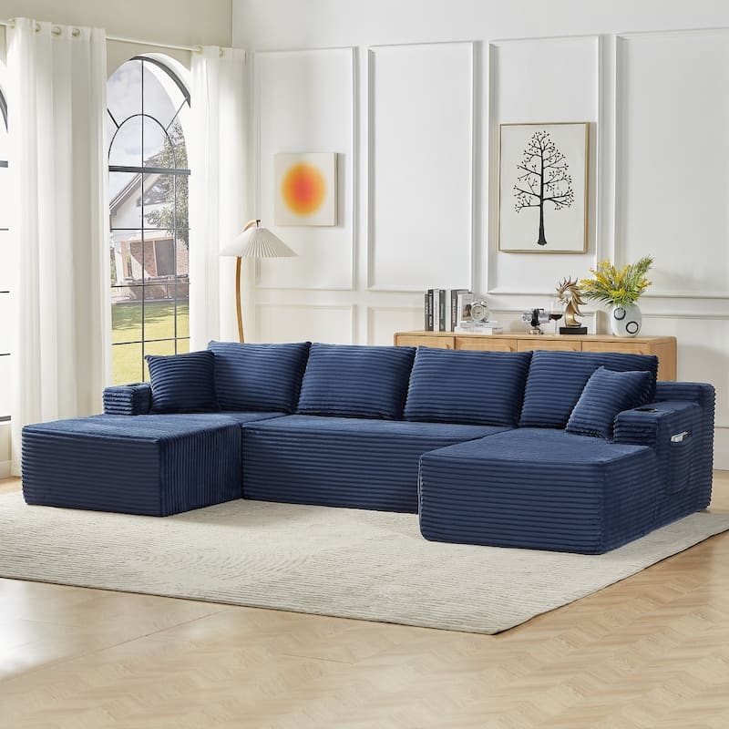 133.5" Compressible Minimalist U-Shaped Sectional Sofa Set with Cup Holders - Blue - Symmetrical