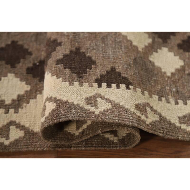 Brown Geometric Kilim Area Rug Oriental Flatweave Wool Carpet - 3'4"x 4'9"