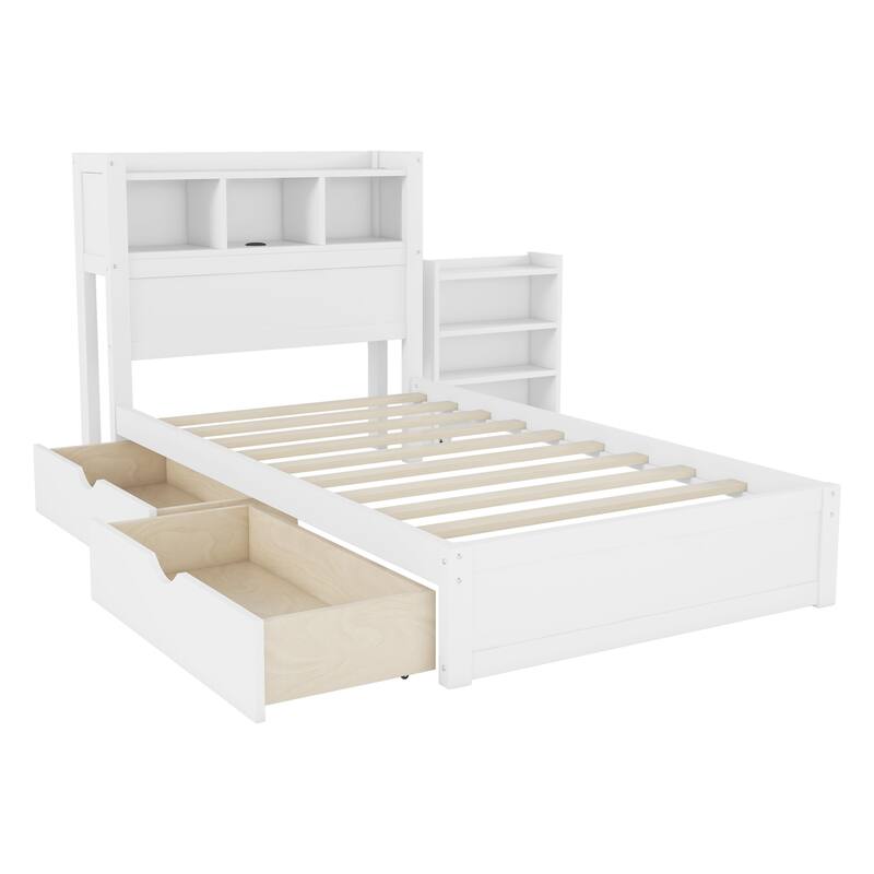 Roomfitters Twin/Full Platform Bed, LED Bookcase Headboard and Pull Out Storage Drawers with Wooden Frame for Bedrooms