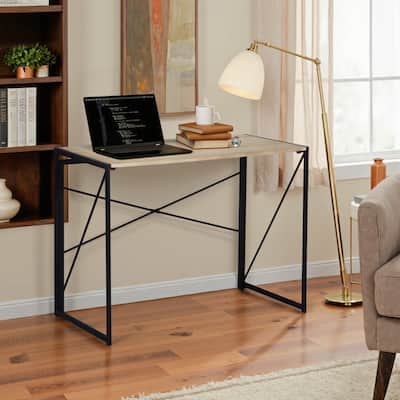 Homy Casa Modern Folding Desk with Black Metal Frame and Wood Top