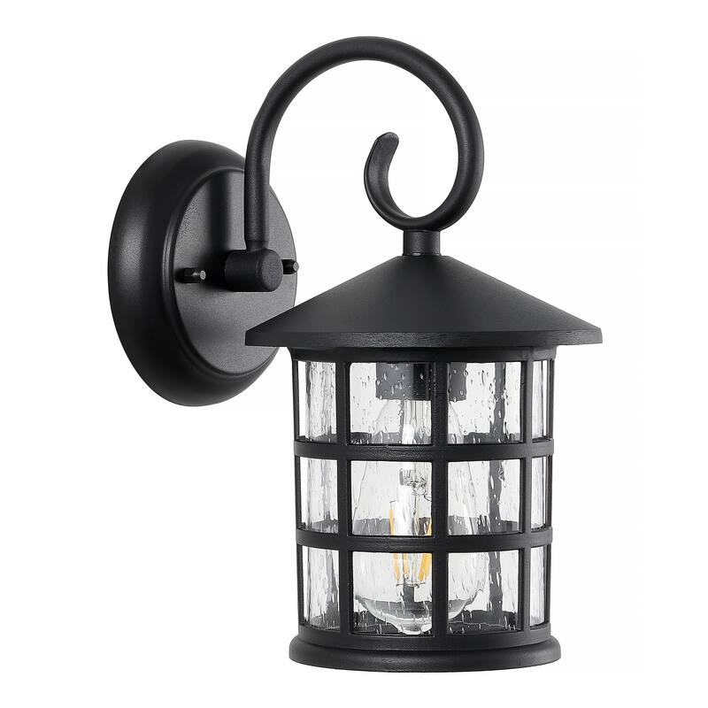 Plains 6" 1-Light Iron/Seeded Glass Cottage Rustic Scrolled Lantern LED Outdoor Lantern, Black (Set of 2) by JONATHAN Y