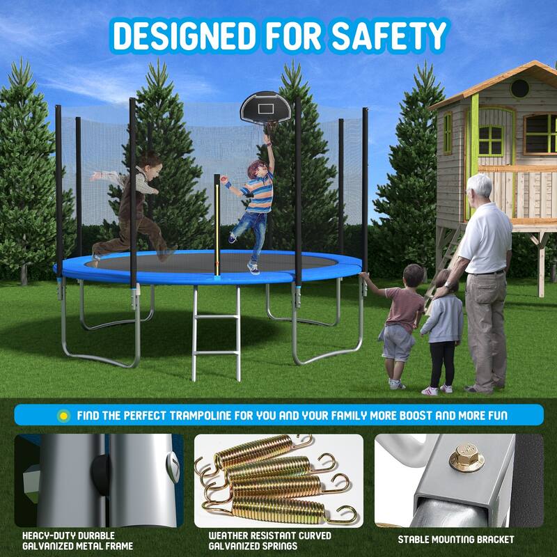 12 Ft Trampoline Outside Safety Net With Basketball Hoop, High Tensile and Durable, Difficultly Bent Steel Frame
