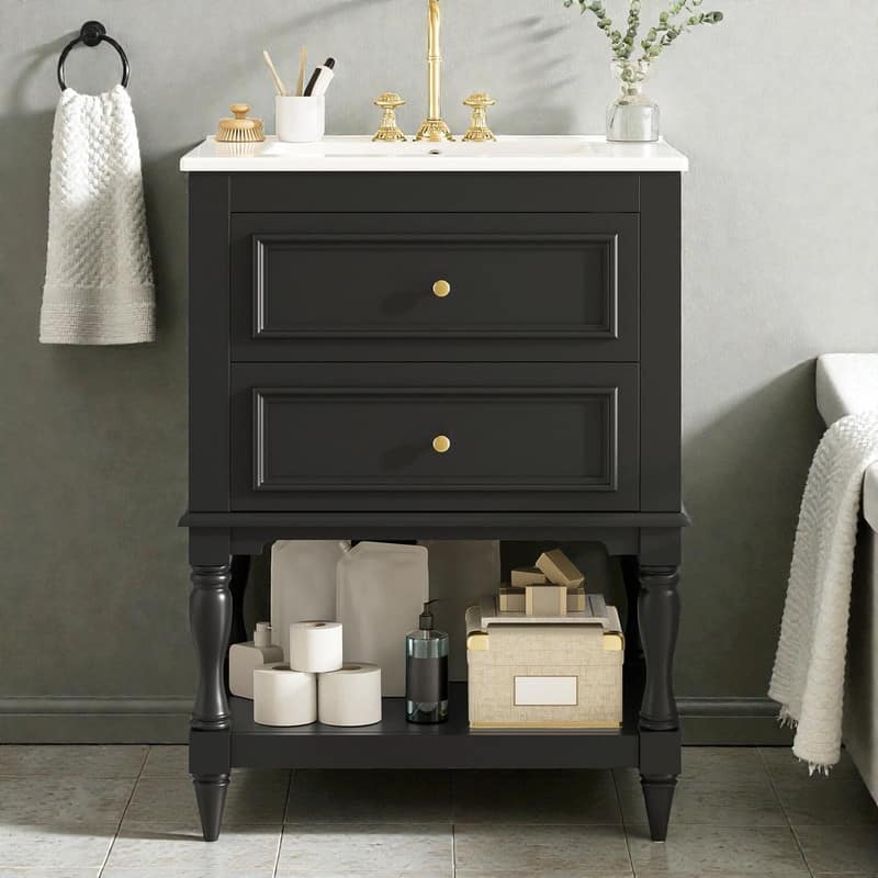 24" Bathroom Vanity with Ceramic Sink, Retro Open-Shelf Cabinet with 2 Drawers - Black