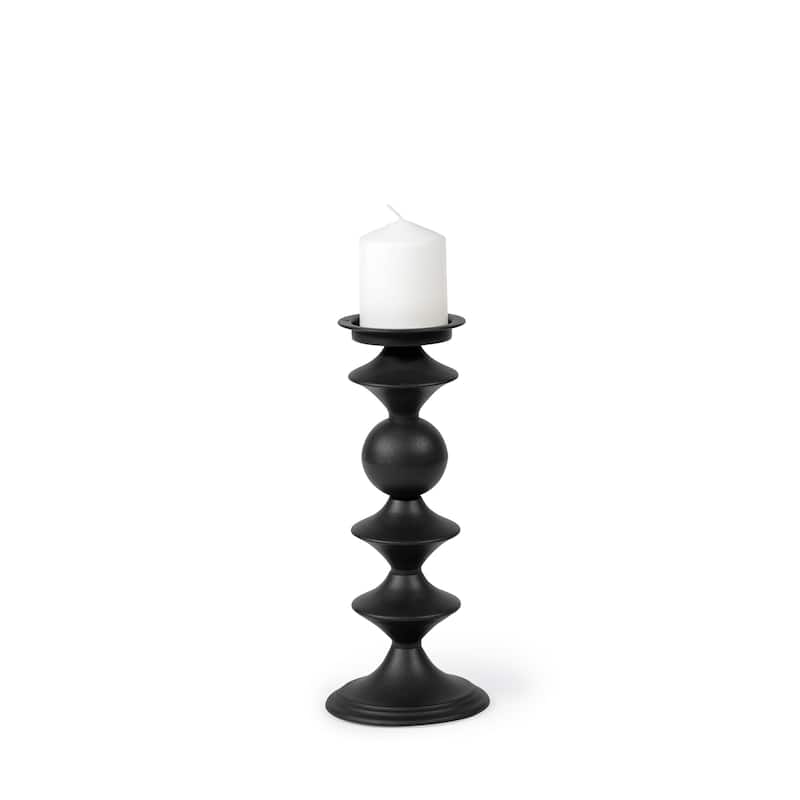 Candelero I Small Black Metal Grooved Table Candle Holder - 5.5L x 5.5W x 13.2H - Black