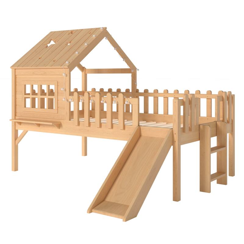 Twin Size House Loft Bed with Slide,Playhouse Bed with Star Moon-shaped Designs and Window, Chic Design with LED Lights