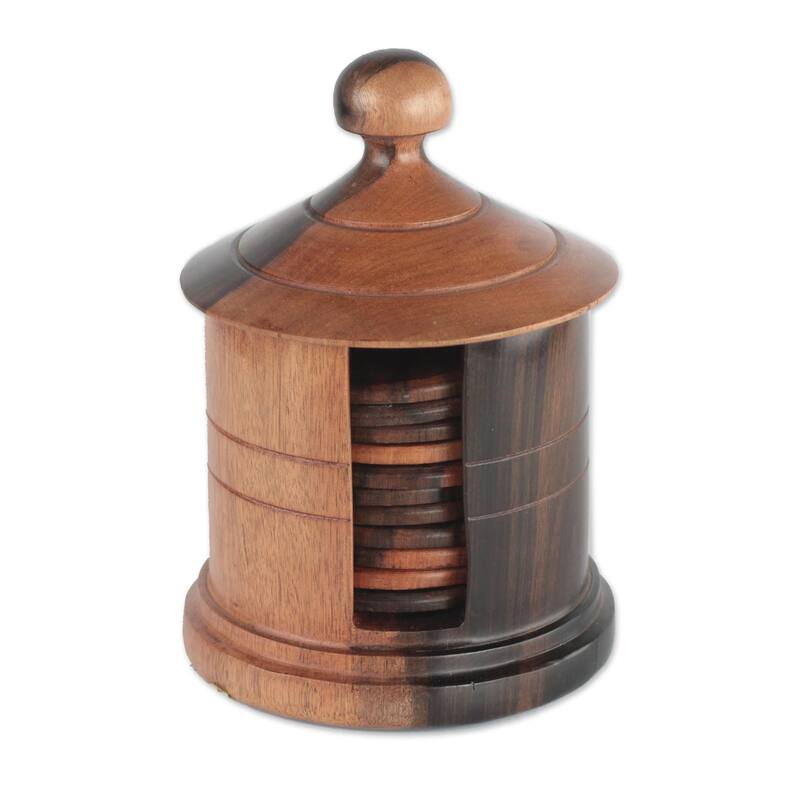 Novica Handmade Hut Ebony Wood Coasters And Holder (13 Piece)