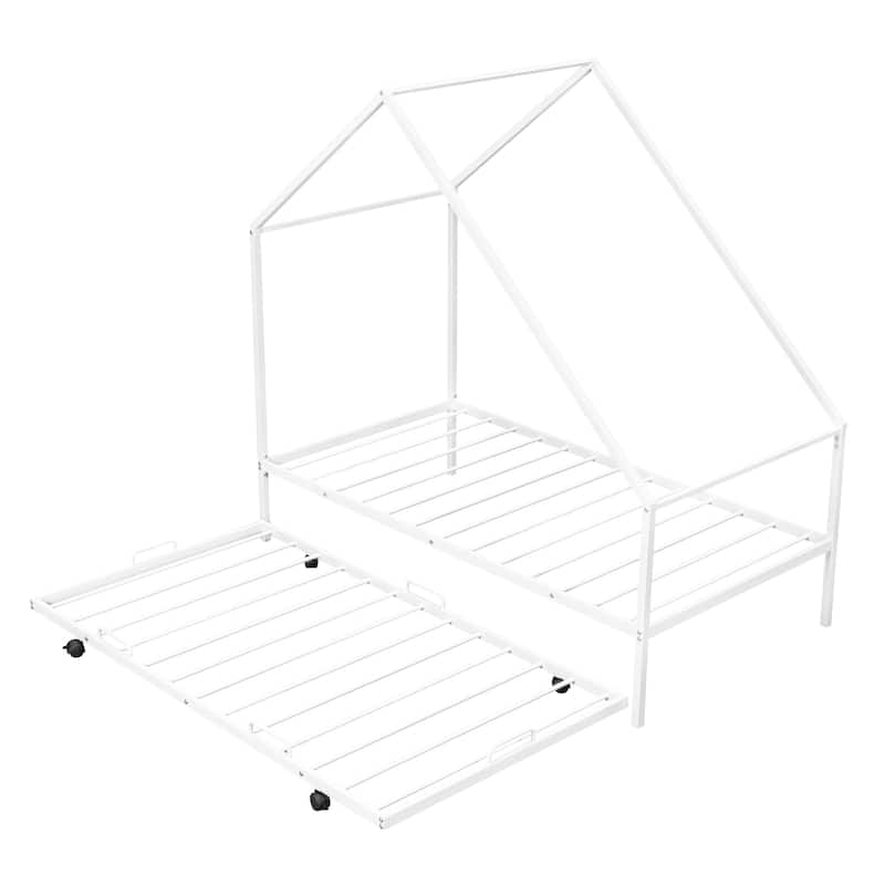 Metal House Bed With Trundle, Twin Size House Bed