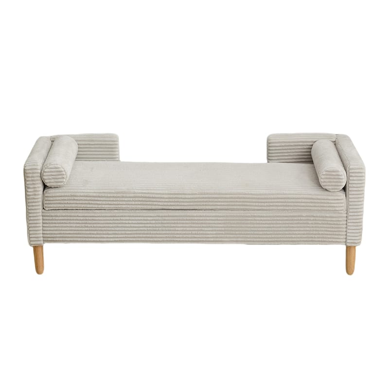 Corduroy Storage Bench with Bolster Pillows, 350LB, Natural Wood Legs