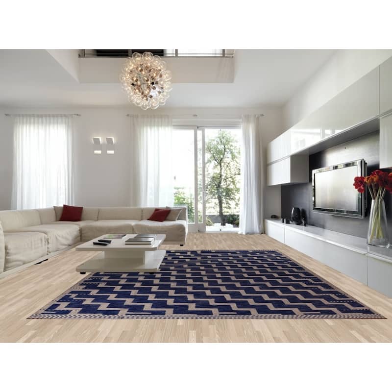 Blue Geometric Moroccan Modern Large Area Rug Hand-Knotted Wool Carpet - 11'8"x 15'6"