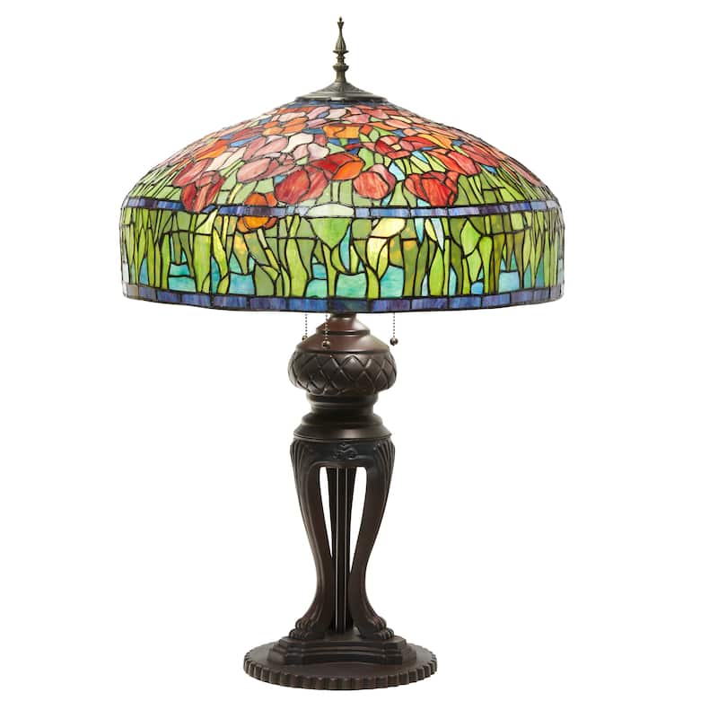 Tulip River of Goods Tiffany-Inspired Red and Green Stained Glass 33.25-Inch Table Lamp - 22" x 22" x 33.25" - 22" x 22" x 33.25" - Red/Green/Antique Bronze