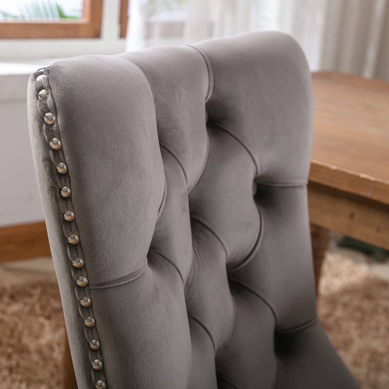 High-end Tufted Solid Wood Velvet Upholstered Dining Chair with Wood Legs Nailhead Trim 2-Pcs Set
