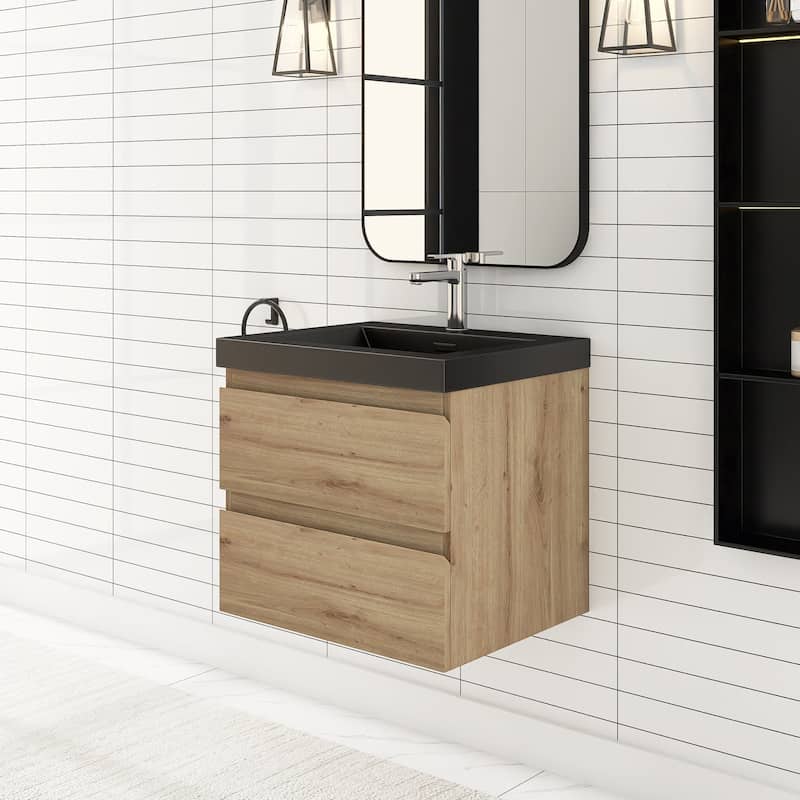 24/30/36 inch Wall-Mounted Bathroom Vanity Set in F. Oak with Integrated Black Resin Sink