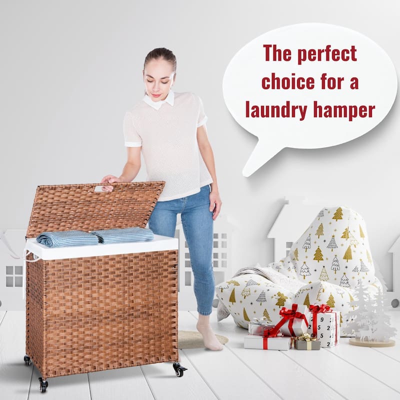 Laundry Hamper with Wheels, 160L Rattan Hampers & 2 Removable Liner Bags, Laundry Basket with Lid - 27"Lx 13.38"W x 26.18"H