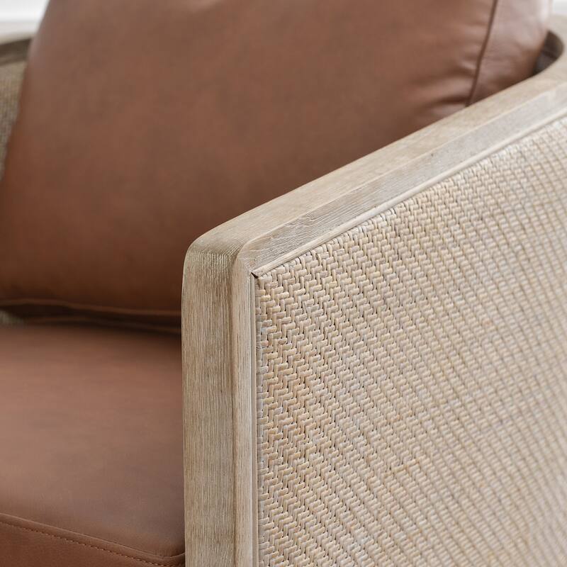 KINWELL 31"W Oak Frame Upholstered Swivel Barrel Armchair